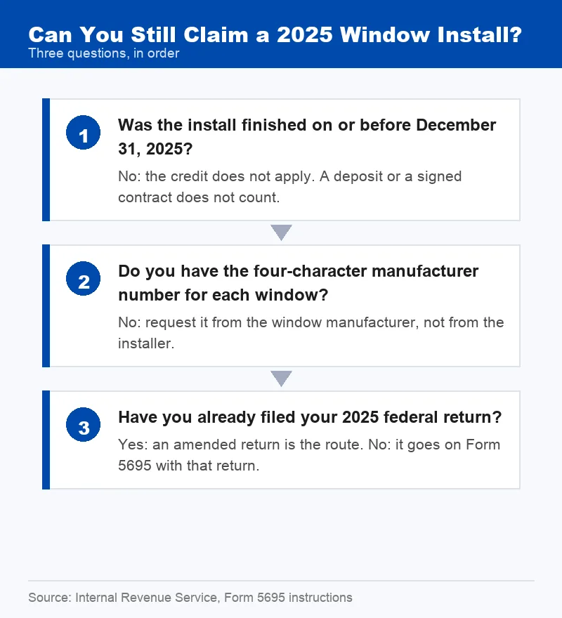 Flow chart for checking whether a 2025 window install can still be claimed on a 2025 tax return