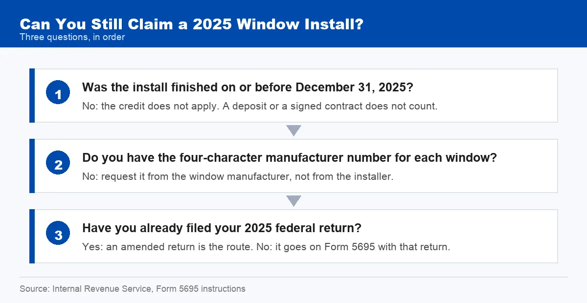Flow chart for checking whether a 2025 window install can still be claimed on a 2025 tax return